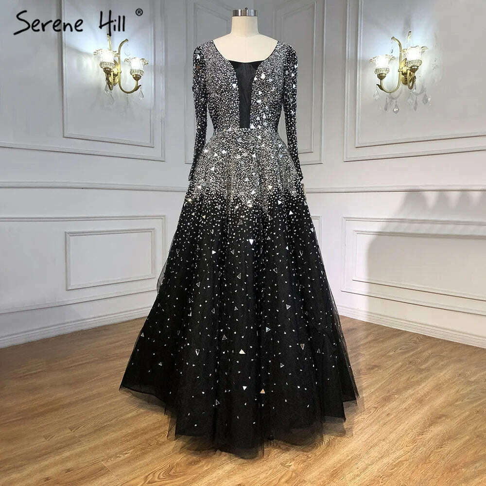 KIMLUD, Serene Hill Muslim Black A-Line Evening Dresses Gowns 2023 Beaded Luxury For Woman Wedding Party BLA71214, KIMLUD Womens Clothes