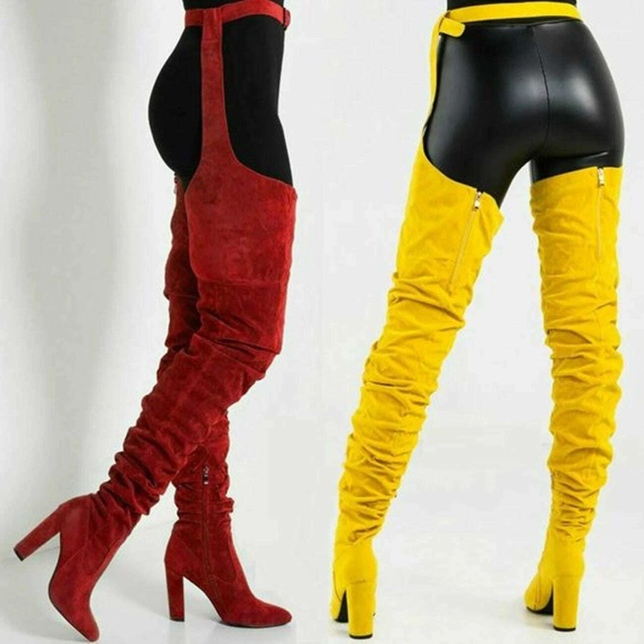 KIMLUD, Sestito Women Sexy Side Zipper Thigh High Boots Female Belt Trousers Boots Ladies Flock Pointed Toe Suqare High Heels Boots, Yellow / 34, KIMLUD Women's Clothes