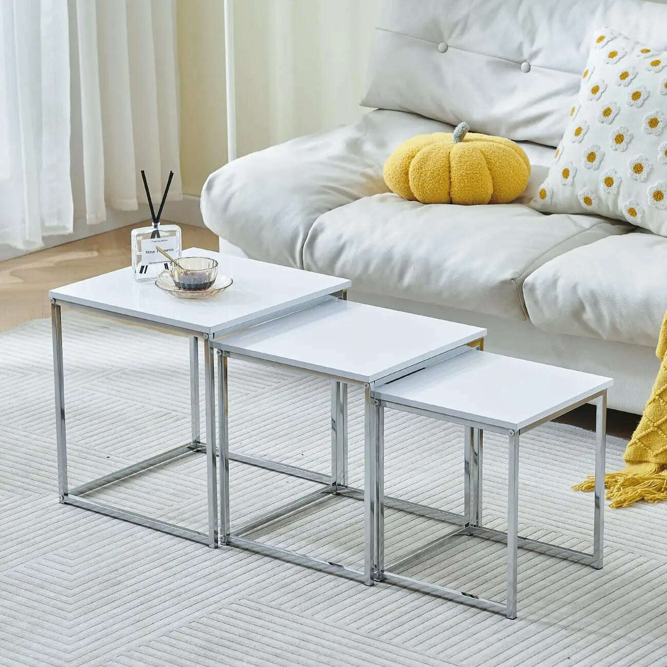KIMLUD, Set of 3 Nesting Tables, High Gloss Nested Coffee Tables, Square Wooden End Tables with Metal Frame for Living Room, United States, KIMLUD APPAREL - Womens Clothes