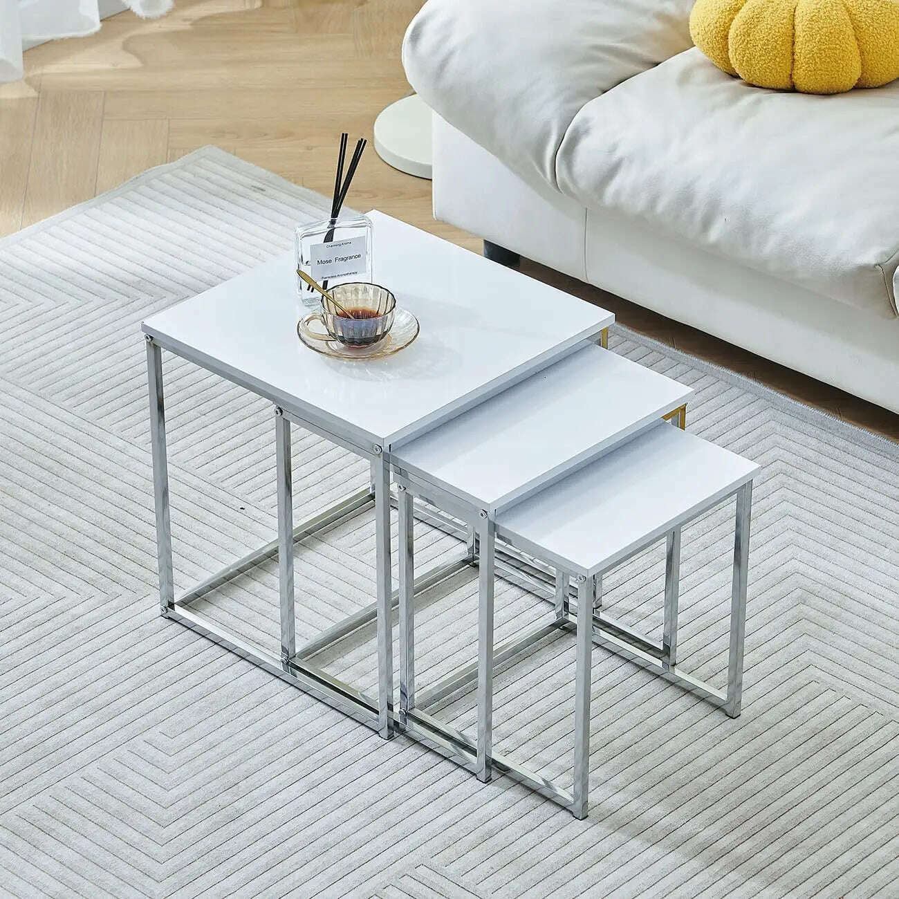 KIMLUD, Set of 3 Nesting Tables, High Gloss Nested Coffee Tables, Square Wooden End Tables with Metal Frame for Living Room, KIMLUD Womens Clothes