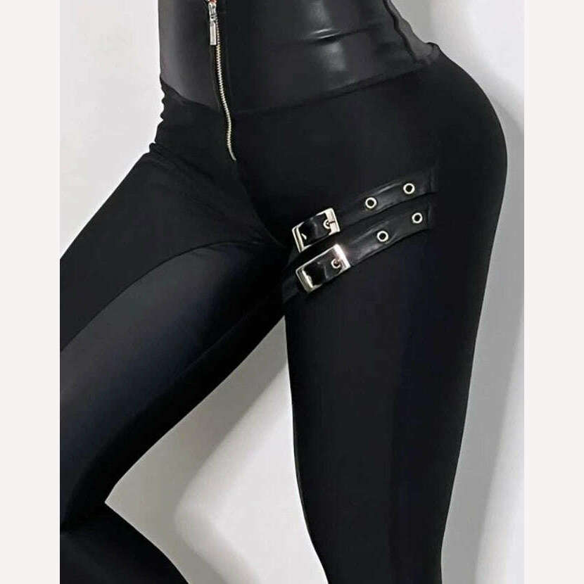 KIMLUD, Sexy Ankle Length Pants Leggings Pu Leather Patchwork Zipper Design Buckled High Waist Skinny Pants for Women Slim Streetwear, KIMLUD Womens Clothes