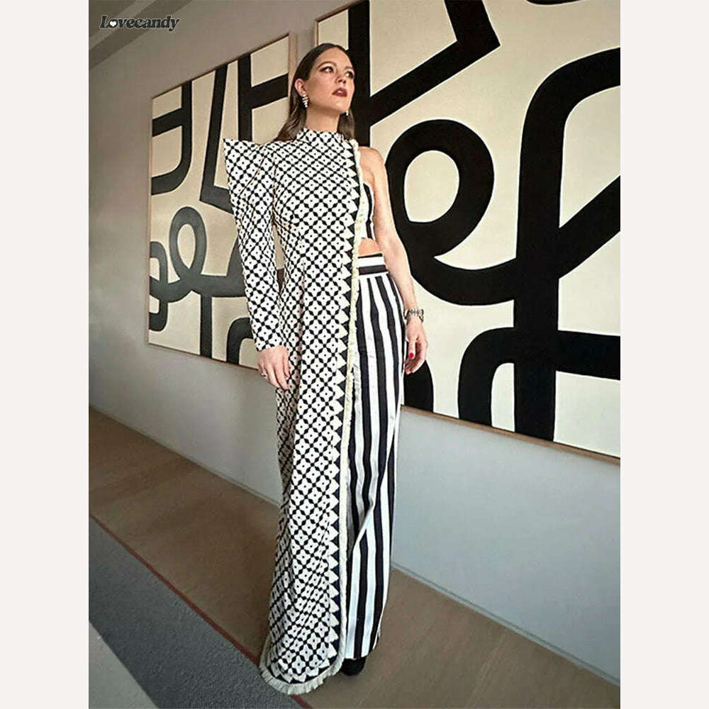 KIMLUD, Sexy Asymmetrical Printed Pants Suit Elegant Single Shoulder Full Sleeved Long Top Set Spring Lady Fashion Streetwear outfits, KIMLUD Womens Clothes