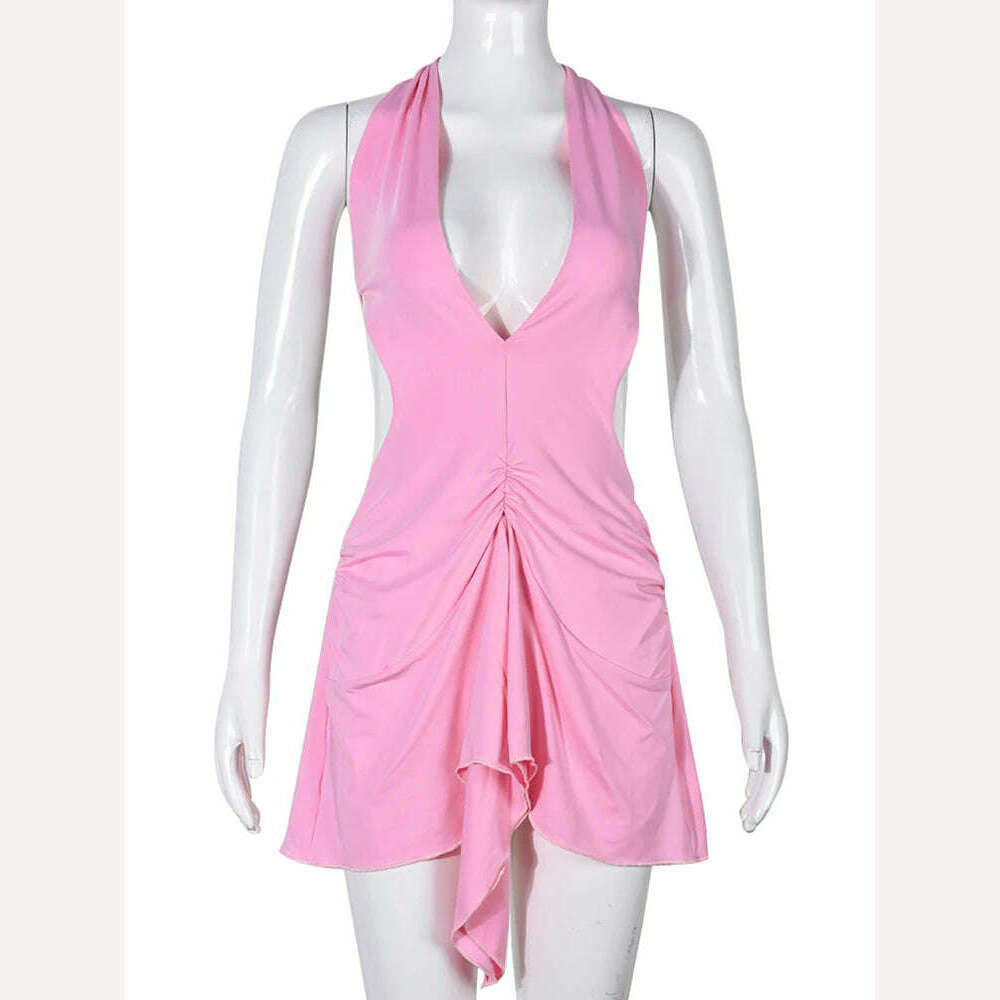 KIMLUD, Sexy Bandage Lace Up Backless Pleated Mini Dress Women Sleeveless Deep V Solid Pink Robe 2023 Summer Harajuku Lolita Y2K Clothes, KIMLUD Women's Clothes