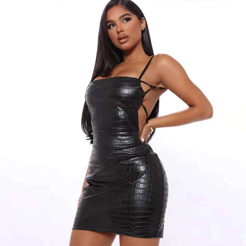 KIMLUD, Sexy Bandage Party Night Club Outfits 2023 Black PU Leather Dress Backless Lace Up Spaghetti Strap Mini Bodycon Dresses Vestidos, KIMLUD Womens Clothes