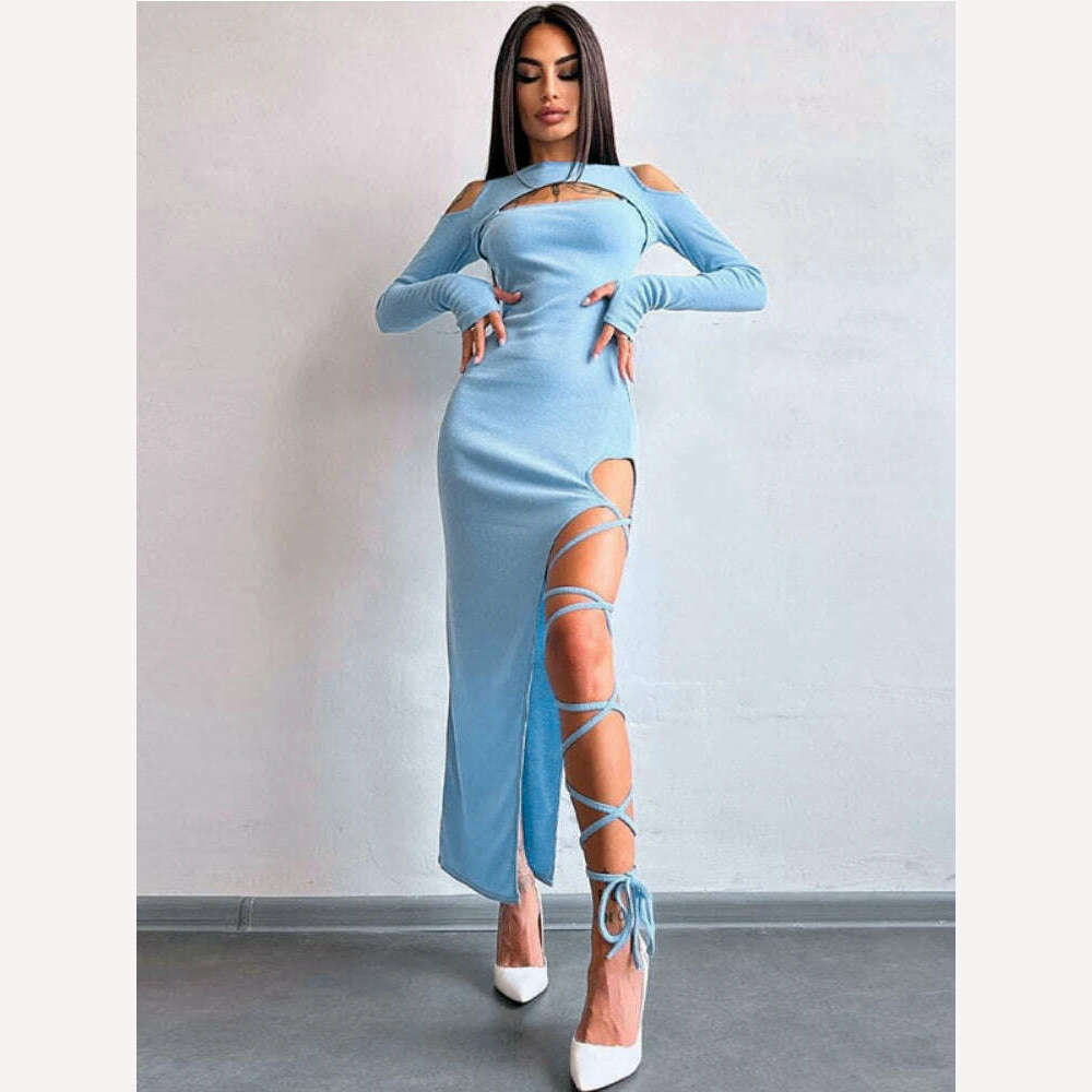 KIMLUD, Sexy Bandage Split Dresses for Women Party Club Gown Long Sleeve Hollow Out Maxi Dress Solid Color Rib Autumn Women's Clothing, KIMLUD Womens Clothes
