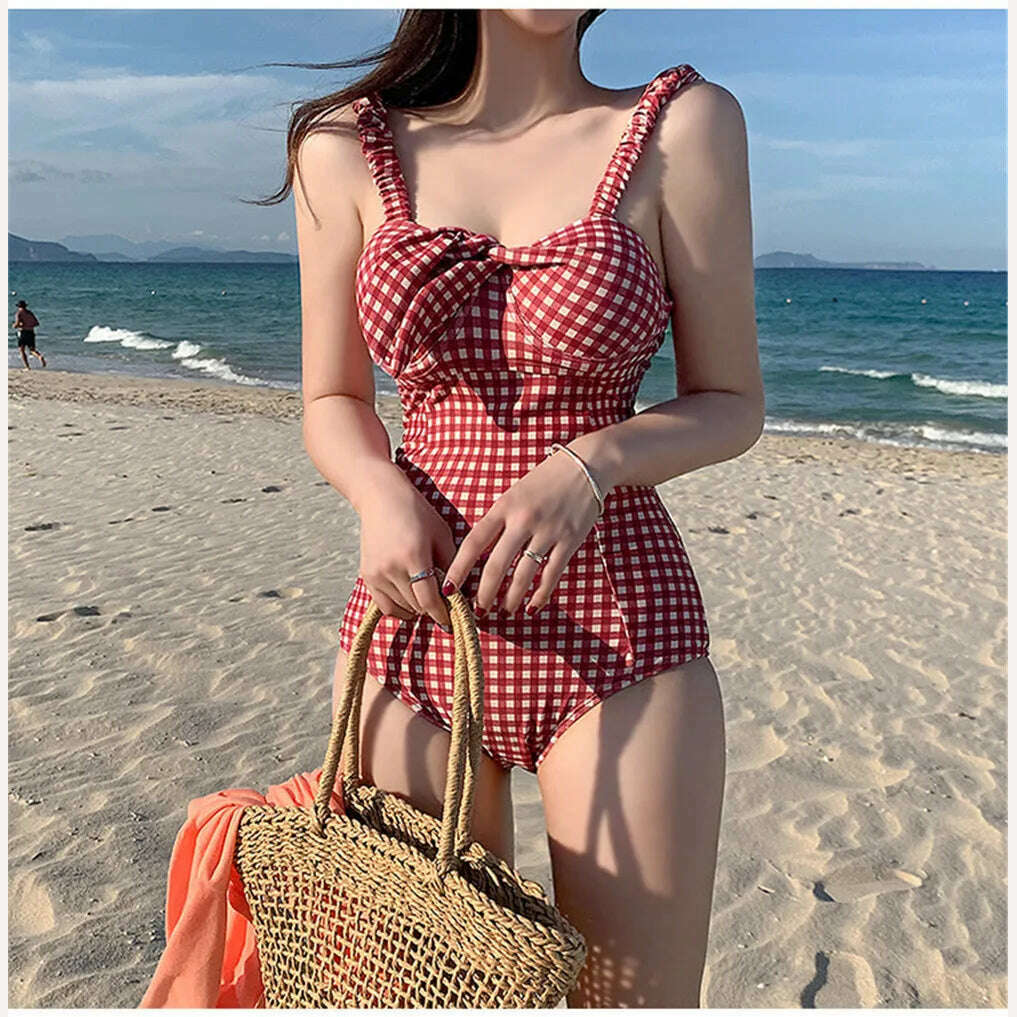 Sexy Bandeau One Piece Swimsuit Women Plaid Swimwear Push Up Monokini Pad Swim Suit Bow Trikini Red Bathing Suit Korea Style - KIMLUD