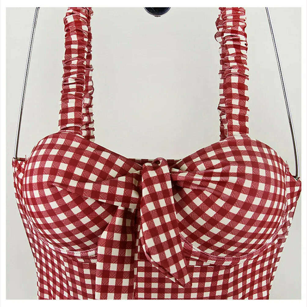 Sexy Bandeau One Piece Swimsuit Women Plaid Swimwear Push Up Monokini Pad Swim Suit Bow Trikini Red Bathing Suit Korea Style - KIMLUD