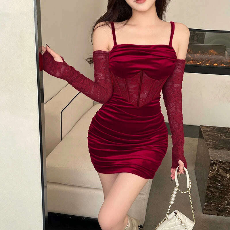 KIMLUD, Sexy Bodycon Maxi Dress Women Evening Party Prom Robe Wedding Velvet Lace Patchwork Spaghetti Strap Slim Mermaid CF23660LL, KIMLUD Womens Clothes