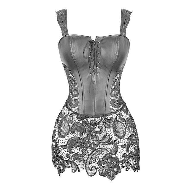 KIMLUD, Sexy Burlesque Lingerie Gothic Faux Leather Steampunk Corset Plus Size Black Lace Bustier Overbust Corsage Korsett Corsets Top, Black / 6XL, KIMLUD APPAREL - Womens Clothes