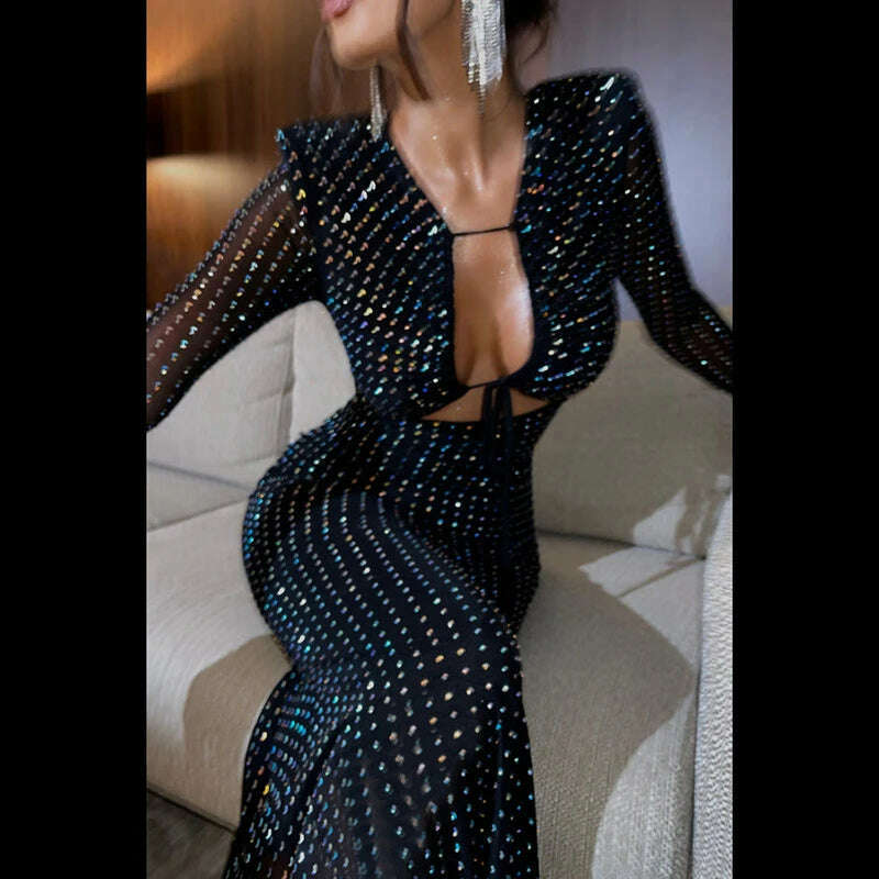 Sexy Cut Out Mesh Long Sleeve Bodycon Maxi Dress Women Glitter Lace Up Party Vestido 2023 Spring Fall Elegant Birthday Clothes, KIMLUD Women's Clothes