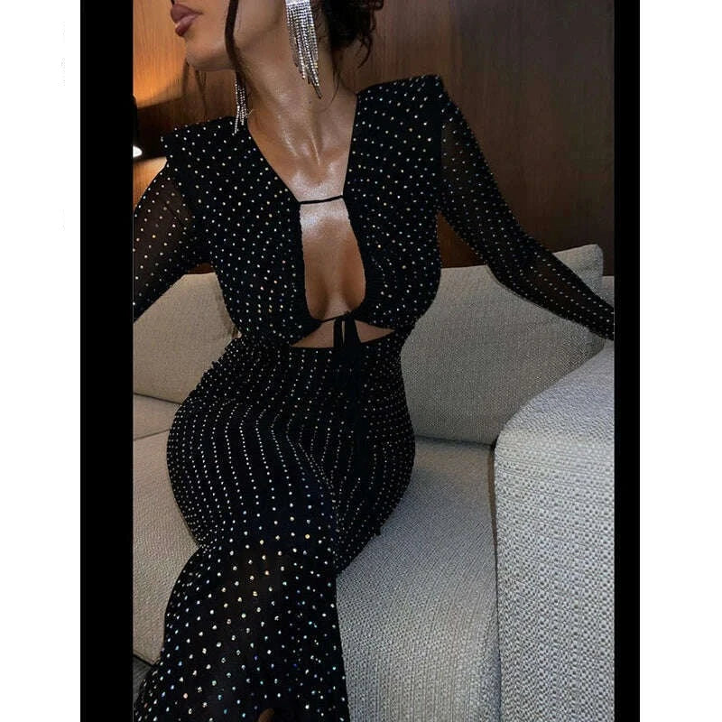 KIMLUD, Sexy Cut Out Mesh Long Sleeve Bodycon Maxi Dress Women Glitter Lace Up Party Vestido 2023 Spring Fall Elegant Birthday Clothes, KIMLUD Women's Clothes