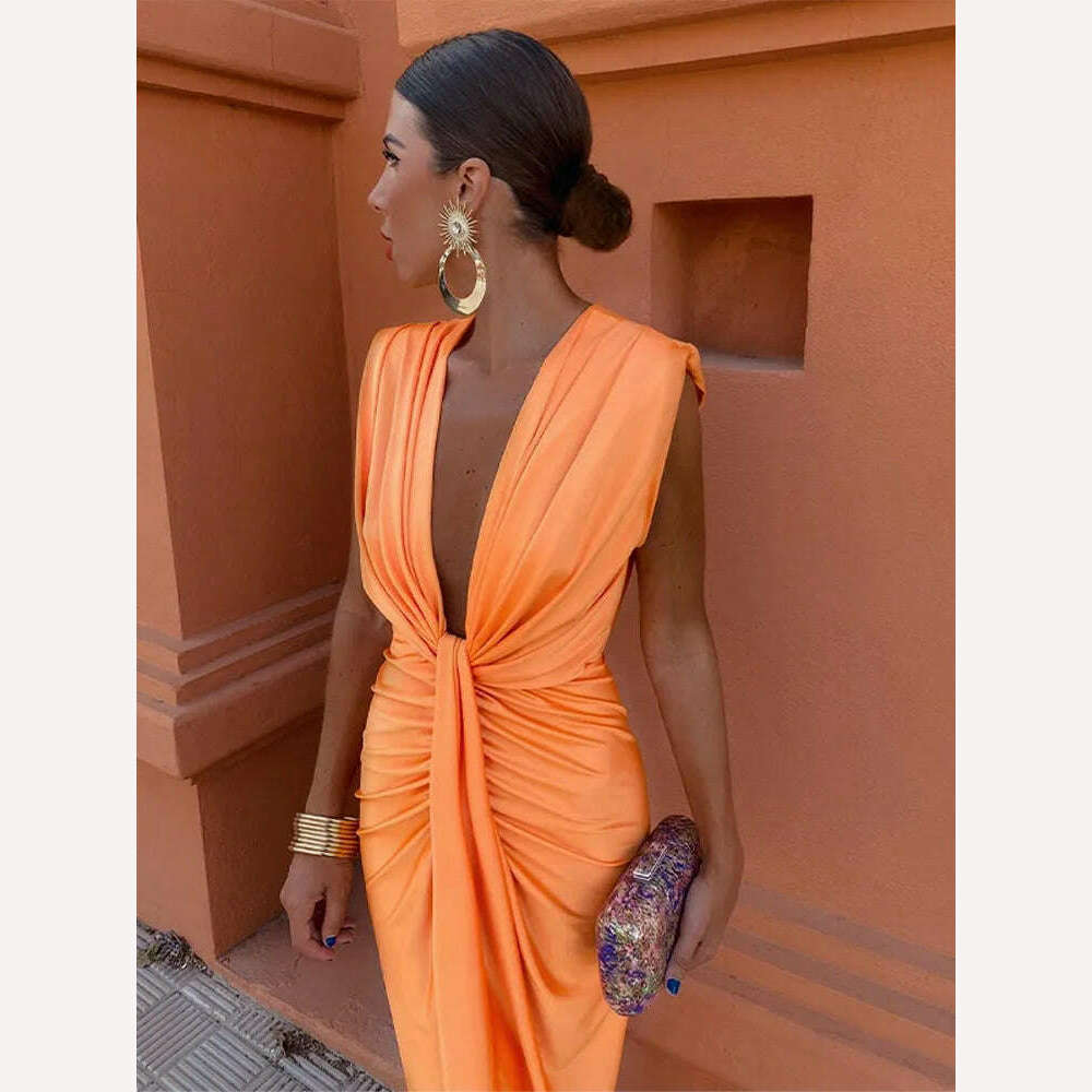 KIMLUD, Sexy Deep V Neck Flods Split Dress Women Elegant Solid Sleeveless Midi Vestidos 2024 Summer New Ladies Evening Party Robes, KIMLUD Womens Clothes