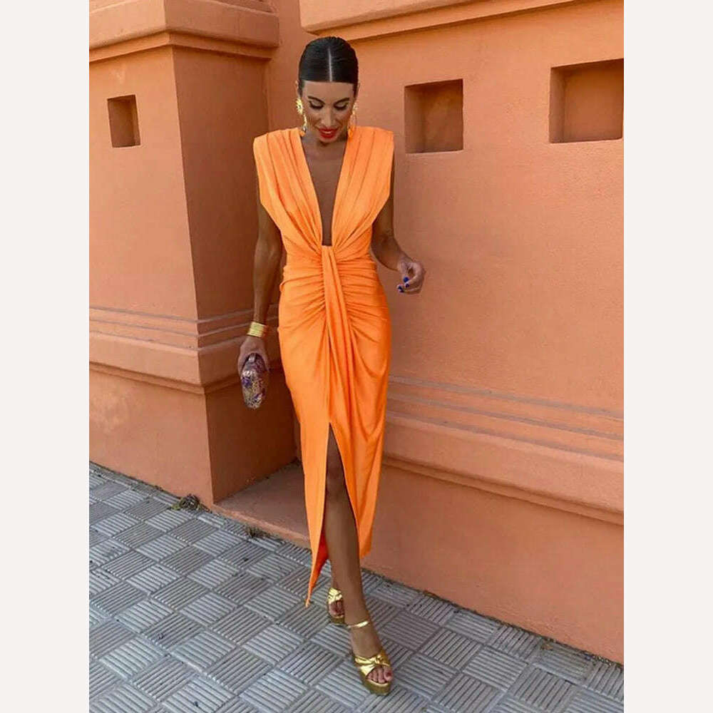 KIMLUD, Sexy Deep V Neck Flods Split Dress Women Elegant Solid Sleeveless Midi Vestidos 2024 Summer New Ladies Evening Party Robes, KIMLUD Womens Clothes