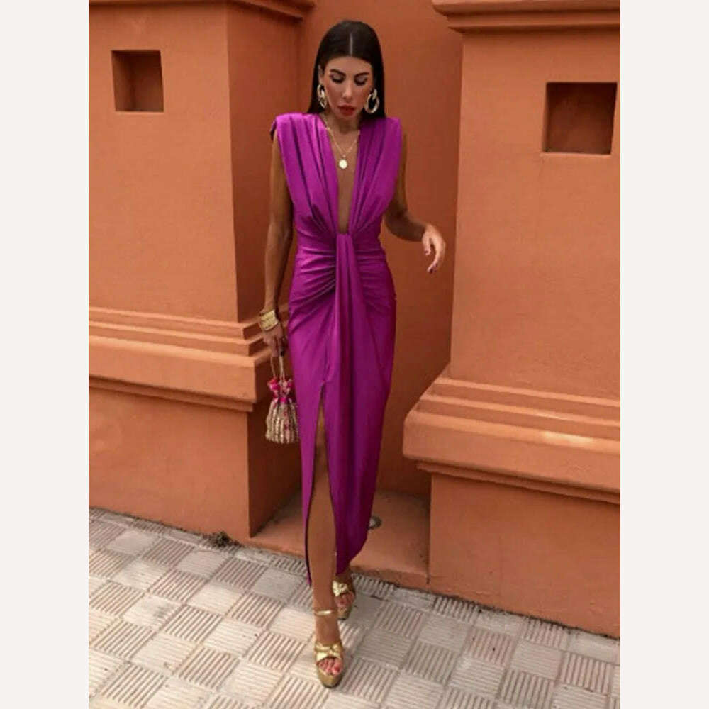 KIMLUD, Sexy Deep V Neck Flods Split Dress Women Elegant Solid Sleeveless Midi Vestidos 2024 Summer New Ladies Evening Party Robes, KIMLUD Womens Clothes