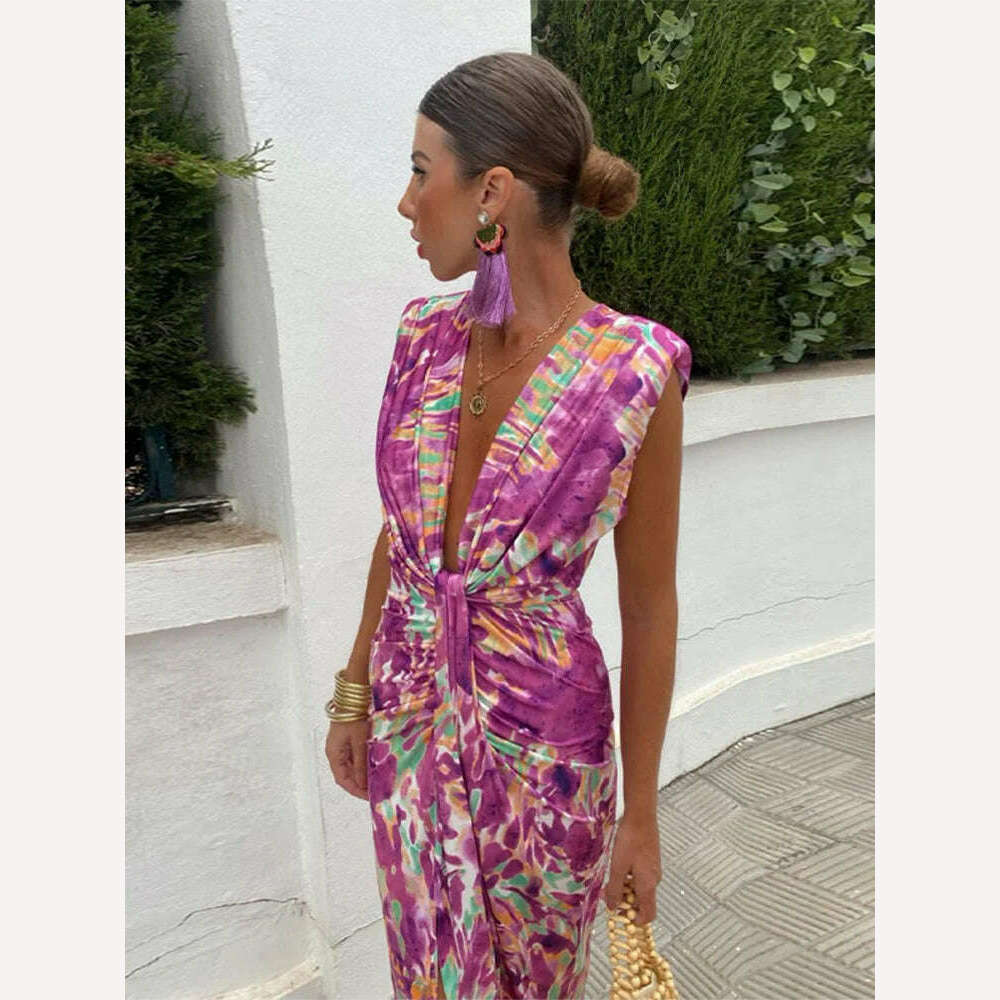 KIMLUD, Sexy Deep V Neck Flods Split Dress Women Elegant Solid Sleeveless Midi Vestidos 2024 Summer New Ladies Evening Party Robes, KIMLUD Womens Clothes