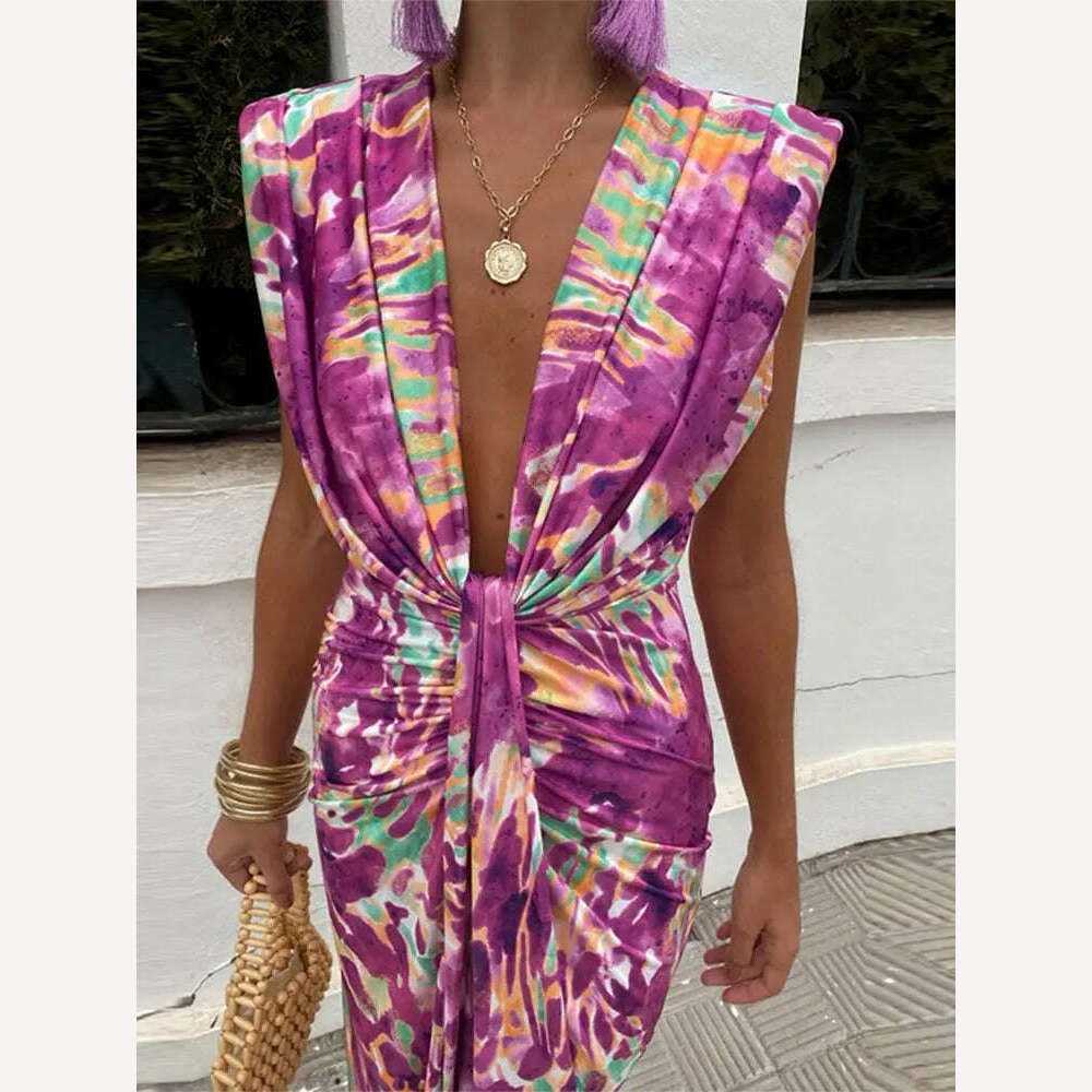 KIMLUD, Sexy Deep V Neck Flods Split Dress Women Elegant Solid Sleeveless Midi Vestidos 2024 Summer New Ladies Evening Party Robes, Pink / M, KIMLUD APPAREL - Womens Clothes