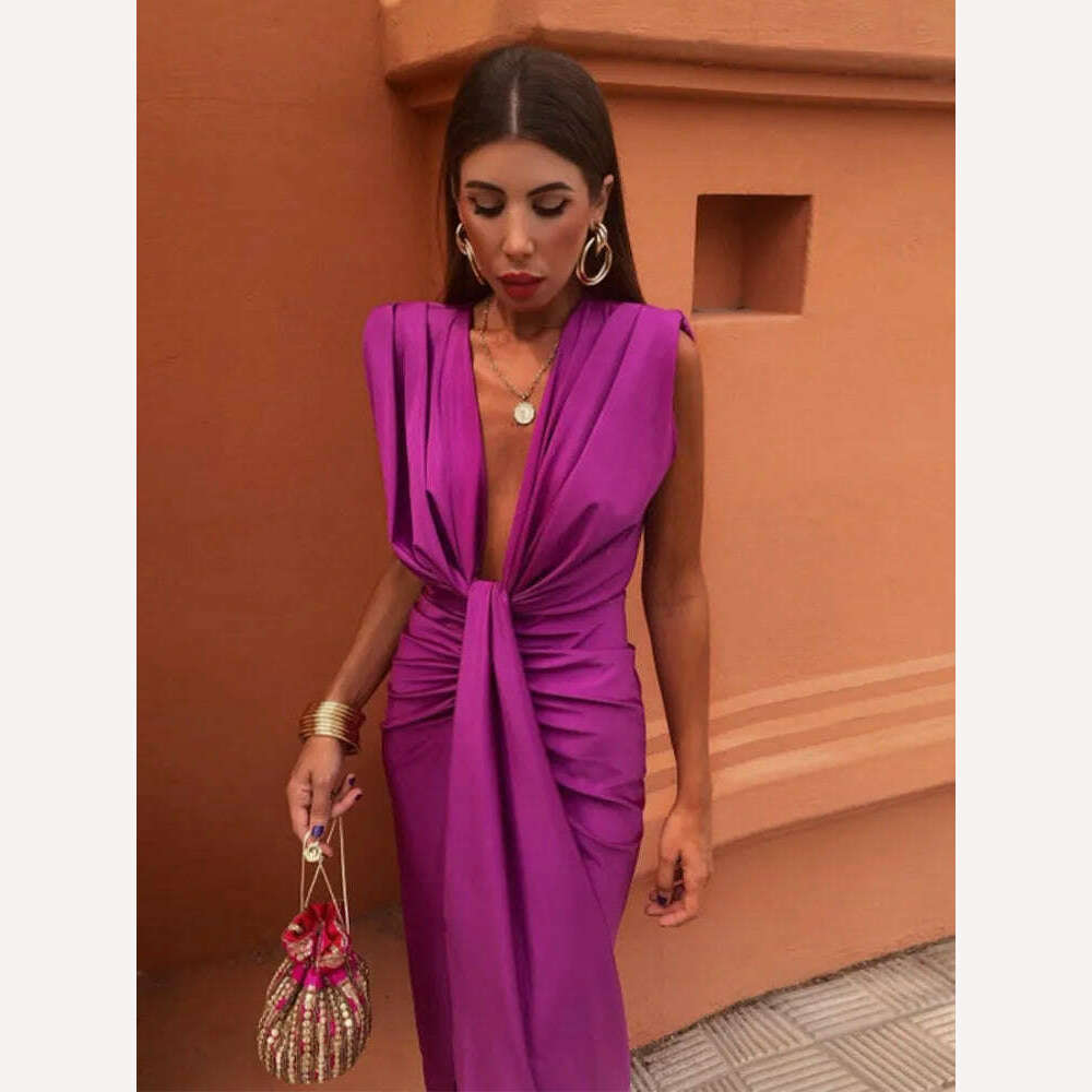 KIMLUD, Sexy Deep V Neck Flods Split Dress Women Elegant Solid Sleeveless Midi Vestidos 2024 Summer New Ladies Evening Party Robes, Fuchsia / S, KIMLUD APPAREL - Womens Clothes