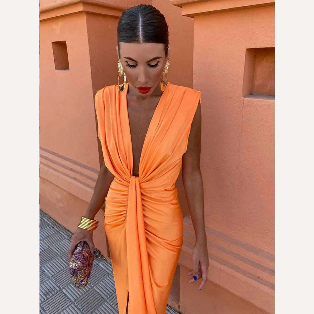KIMLUD, Sexy Deep V Neck Flods Split Dress Women Elegant Solid Sleeveless Midi Vestidos 2024 Summer New Ladies Evening Party Robes, Orange / L, KIMLUD APPAREL - Womens Clothes