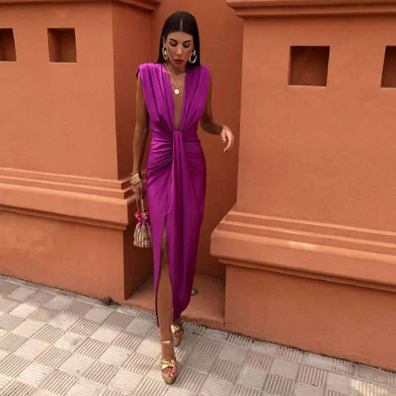 KIMLUD, Sexy Deep V Neck Flods Split Dress Women Elegant Solid Sleeveless Midi Vestidos 2024 Summer New Ladies Evening Party Robes, KIMLUD Womens Clothes