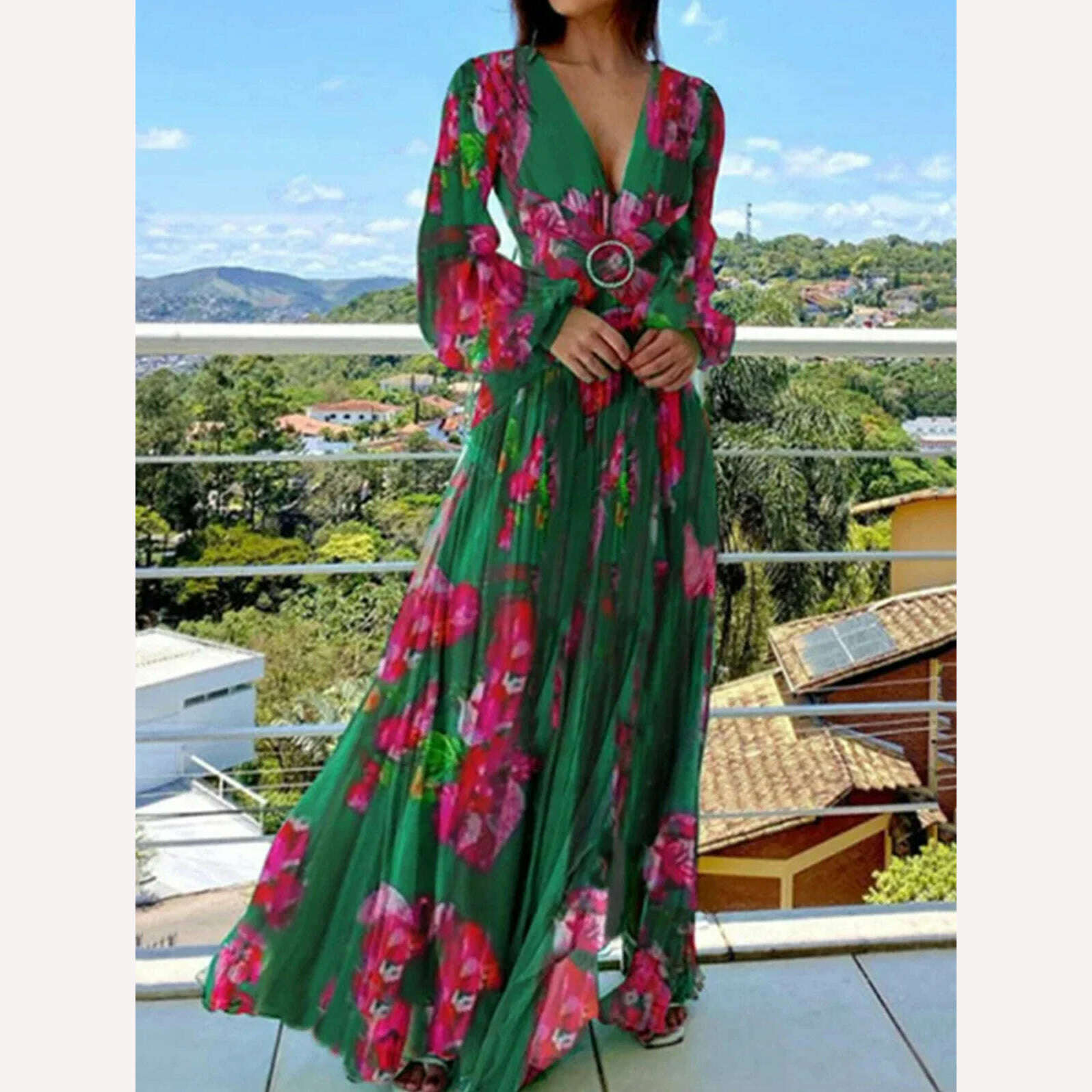 Sexy Deep V Neck Printed Long Dress Women Fashion Lantern Sleeveless Vestidos 2024 Summer Lady Beach Style Maxi Pleated Dress - KIMLUD