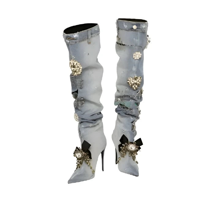 KIMLUD, Sexy Denim Knee High Rhinestone Boots Women Pointed Toe Stiletto High Heel Boots Floral Crystal Shoes Design 2023 Lady Hollow, KIMLUD Womens Clothes