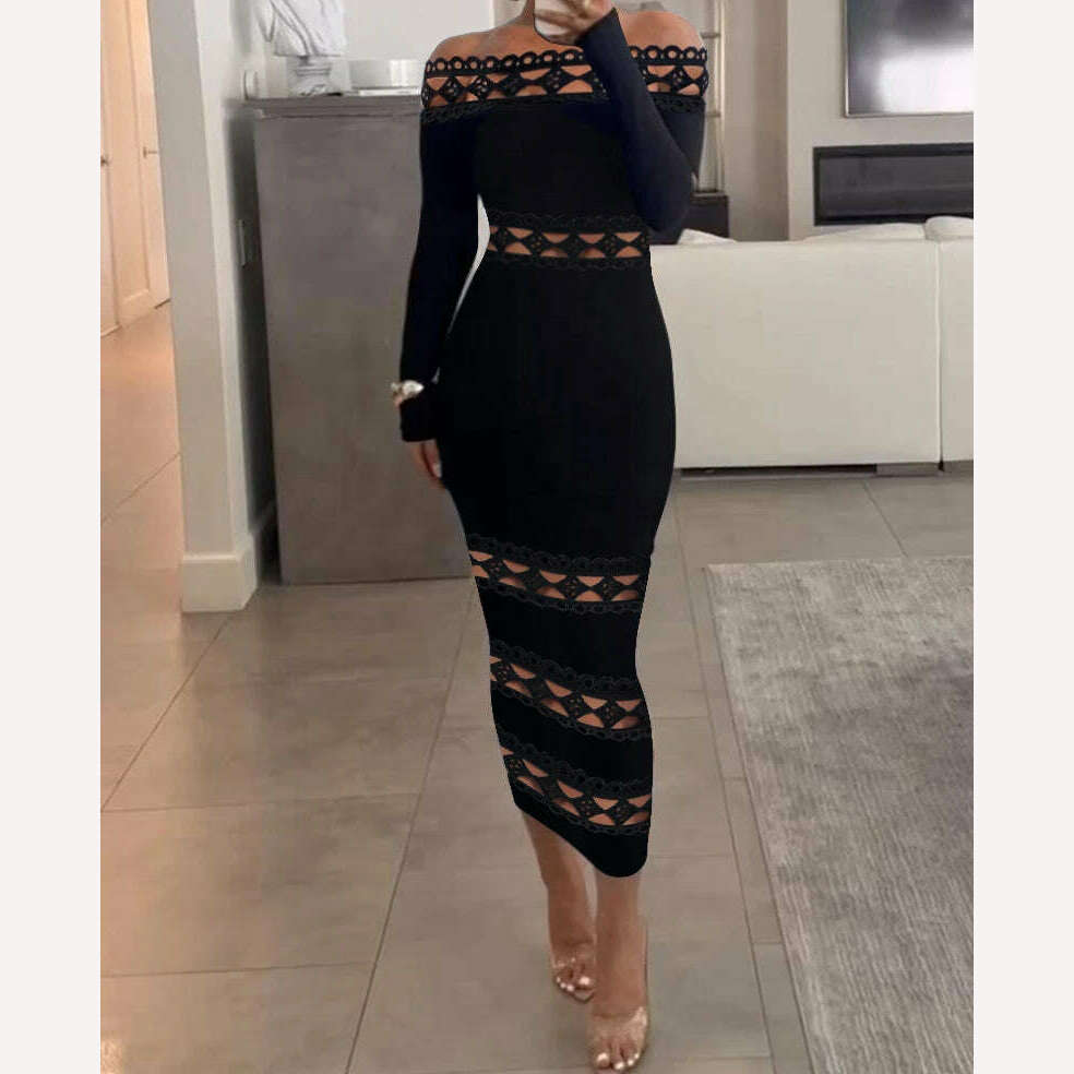 KIMLUD, Sexy Dress Y2k Fashion Versatile Casual Off Shoulder Lace Patch Long Sleeve Midi Dresses of Female Autumn and Winter New 2023, KIMLUD Womens Clothes