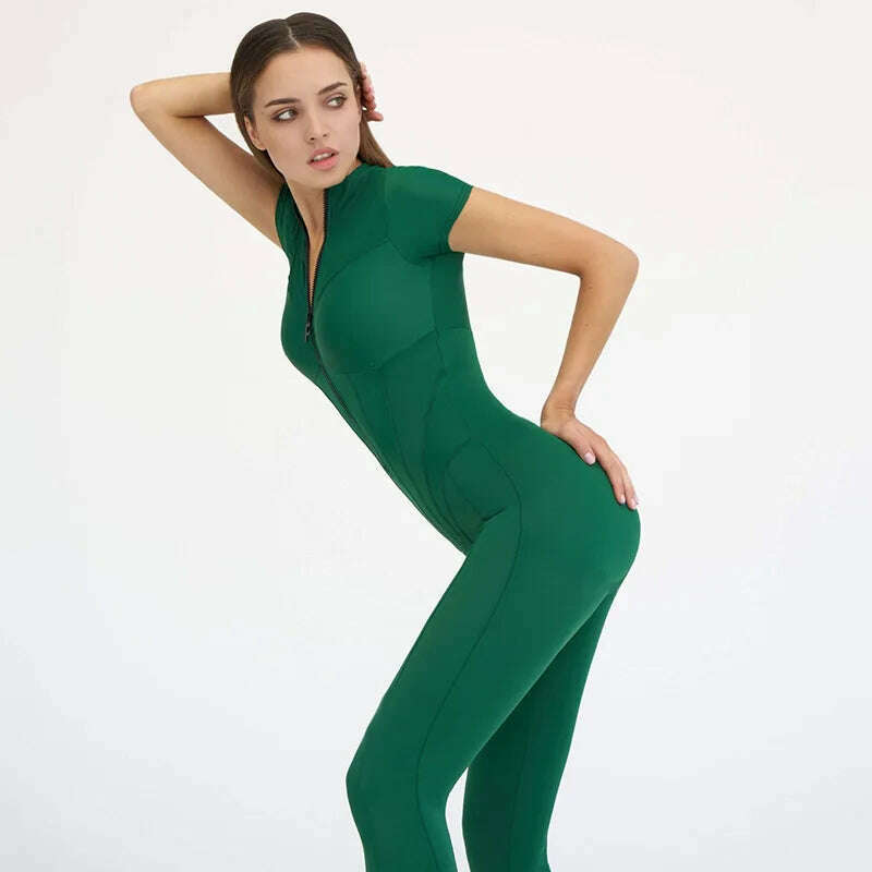 KIMLUD, Sexy Elegant Women Zip-up O-neck Long Sleeve Jumpsuit Streetwear 2023 Summer Female Overalls One Piece Fitness Sports Bodysuits, B Green / S, KIMLUD Womens Clothes