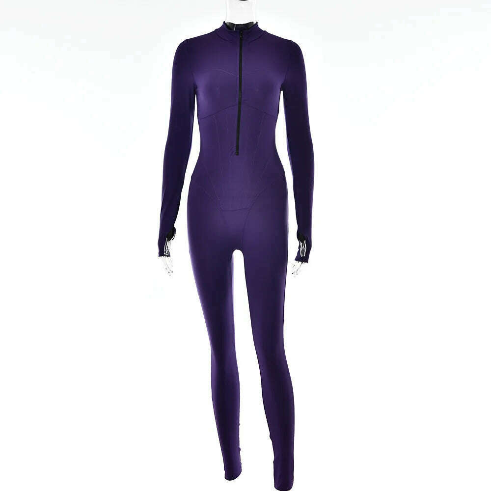Sexy Elegant Women Zip-up O-neck Long Sleeve Jumpsuit Streetwear 2023 Summer Female Overalls One Piece Fitness Sports Bodysuits, A Purple / S, KIMLUD Women's Clothes