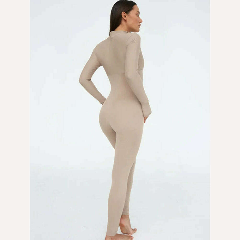 Sexy Elegant Women Zip-up O-neck Long Sleeve Jumpsuit Streetwear 2023 Summer Female Overalls One Piece Fitness Sports Bodysuits - KIMLUD