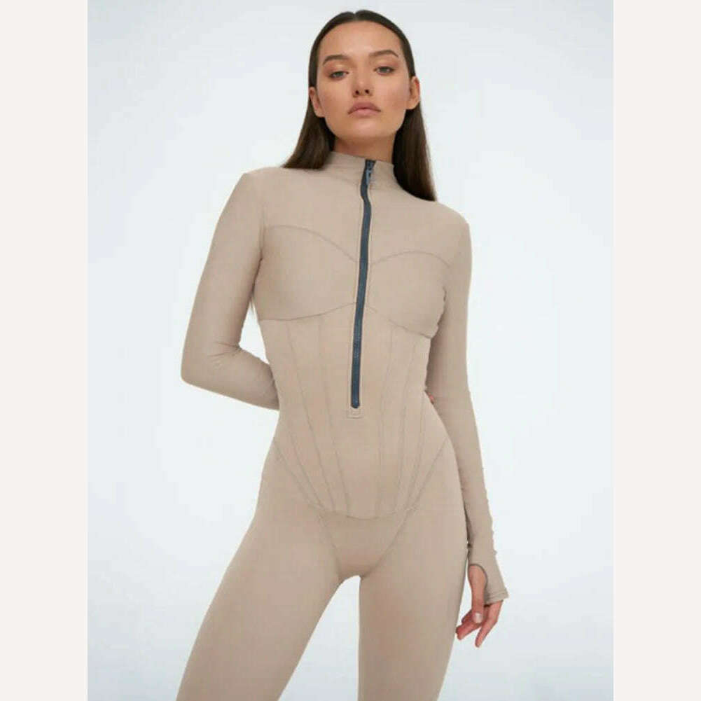 Sexy Elegant Women Zip-up O-neck Long Sleeve Jumpsuit Streetwear 2023 Summer Female Overalls One Piece Fitness Sports Bodysuits - KIMLUD