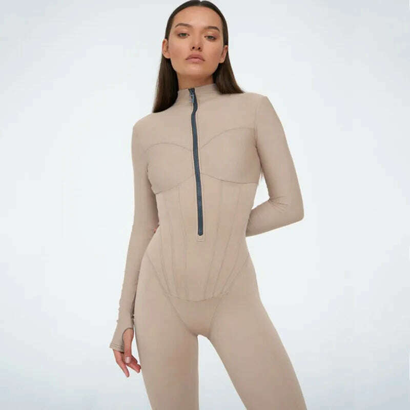 Sexy Elegant Women Zip-up O-neck Long Sleeve Jumpsuit Streetwear 2023 Summer Female Overalls One Piece Fitness Sports Bodysuits - KIMLUD