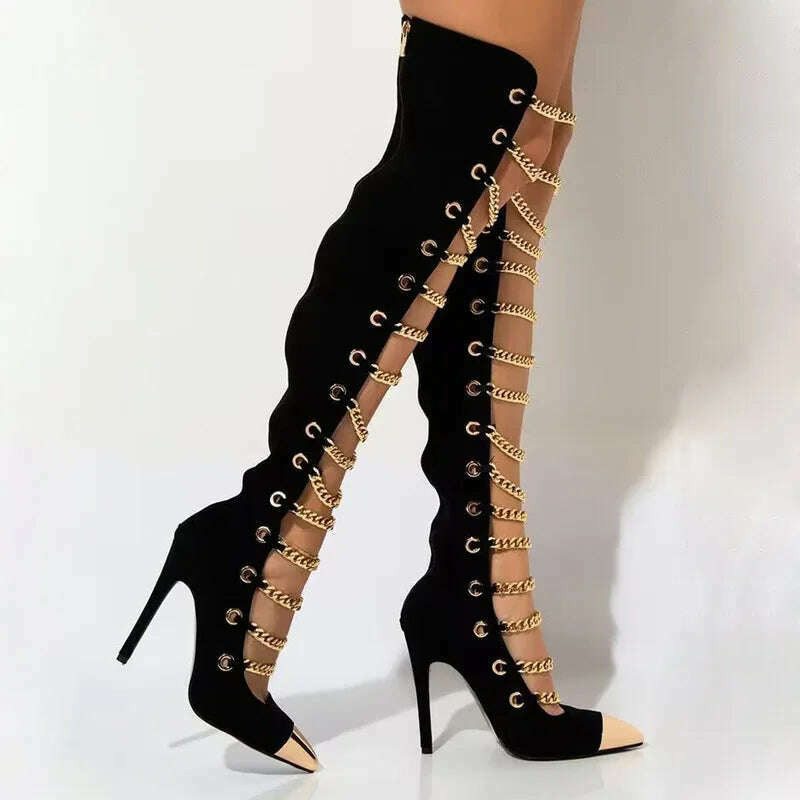 KIMLUD, Sexy Gold Chains Strap Front Hollow Thigh Boots Metal Pointed Toe Thin High Heels Chains Cutout Woman Over Knee Boots Woman, Black / 40, KIMLUD Womens Clothes