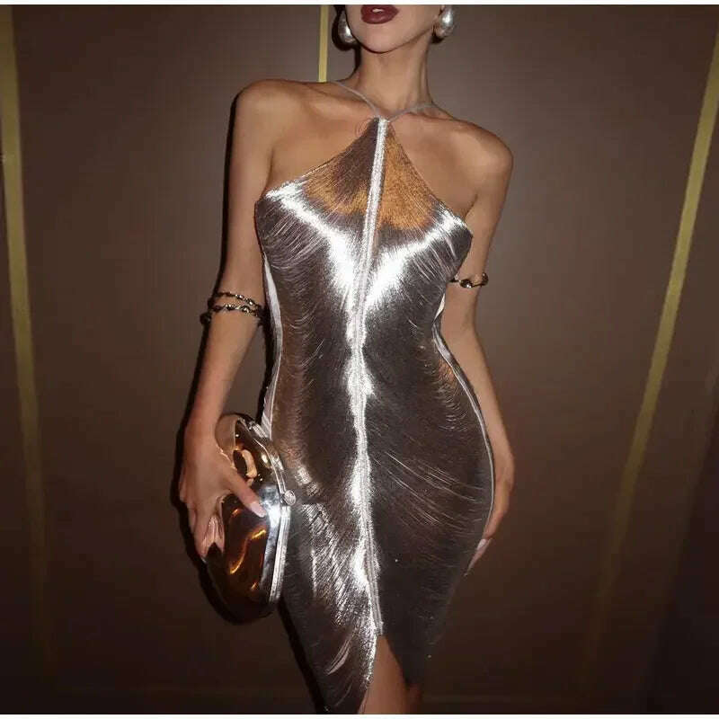 KIMLUD, Sexy Hanging Neck Metallic Short Dress Women Fashion Off Shoulder Backless Shiny Dresses Elegant Female Evening Party Vestidos, KIMLUD Womens Clothes