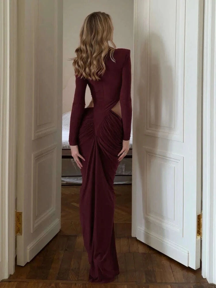 Sexy High Neck Waist Hollow Out Ruched Long Dresses for Women Long Sleeves Folds Bodycon Dress Evening Party Club Cocktail Gowns