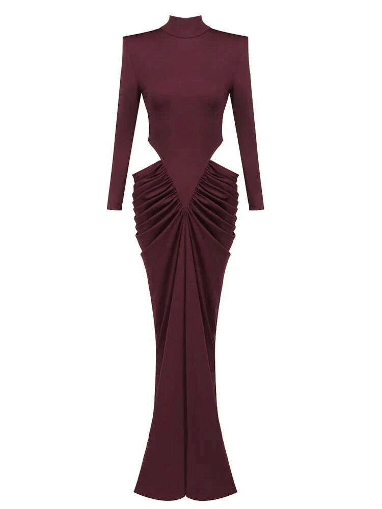 Sexy High Neck Waist Hollow Out Ruched Long Dresses for Women Long Sleeves Folds Bodycon Dress Evening Party Club Cocktail Gowns
