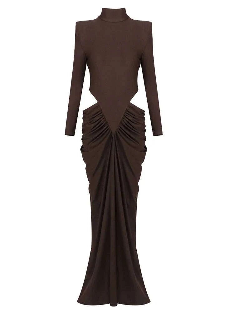 Sexy High Neck Waist Hollow Out Ruched Long Dresses for Women Long Sleeves Folds Bodycon Dress Evening Party Club Cocktail Gowns