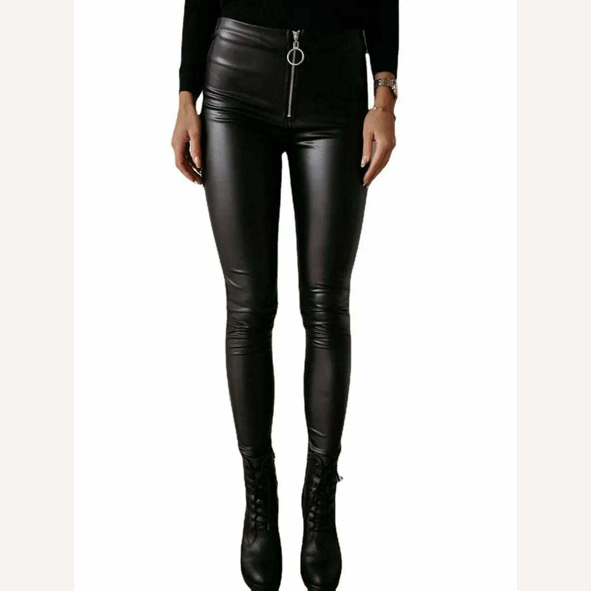 KIMLUD, Sexy High Waist Zip Front PU Leather Slim Fit Elasticity Skinny Pants, KIMLUD Womens Clothes