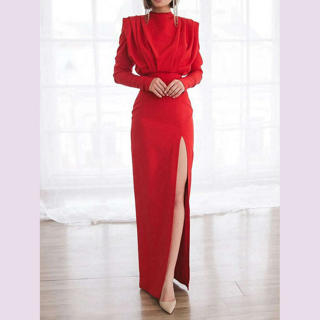 KIMLUD, Sexy Hollow Out Back Women Party Gown Fashion High Neck Long Sleeves Ruffles Evening Dress Elegant Split Female  Vestidos Robes, Red / 2XL / CHINA, KIMLUD APPAREL - Womens Clothes