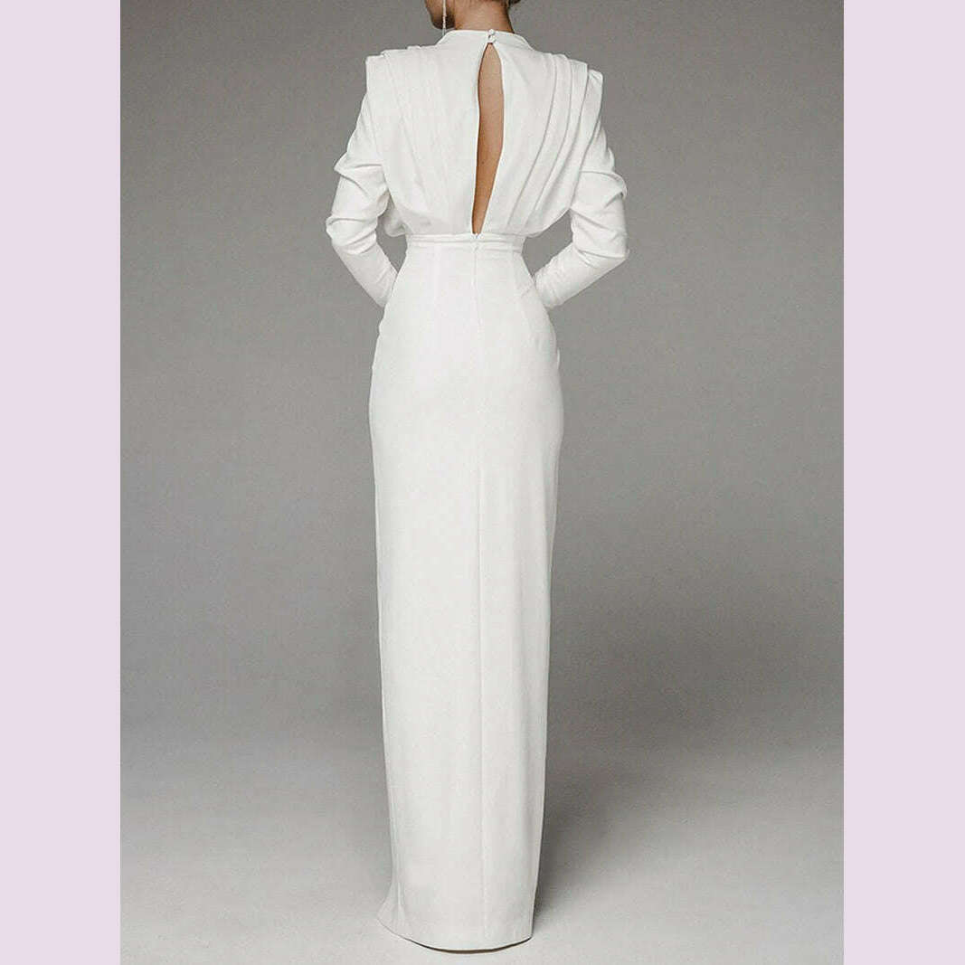 KIMLUD, Sexy Hollow Out Back Women Party Gown Fashion High Neck Long Sleeves Ruffles Evening Dress Elegant Split Female  Vestidos Robes, KIMLUD Womens Clothes