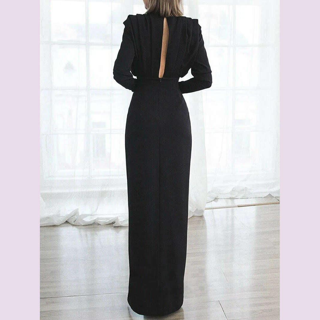 KIMLUD, Sexy Hollow Out Back Women Party Gown Fashion High Neck Long Sleeves Ruffles Evening Dress Elegant Split Female  Vestidos Robes, KIMLUD Womens Clothes