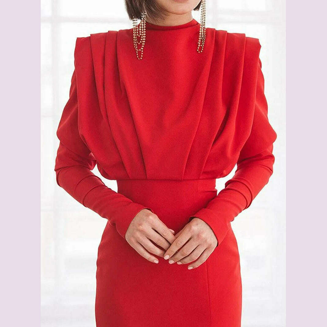 KIMLUD, Sexy Hollow Out Back Women Party Gown Fashion High Neck Long Sleeves Ruffles Evening Dress Elegant Split Female  Vestidos Robes, KIMLUD Womens Clothes