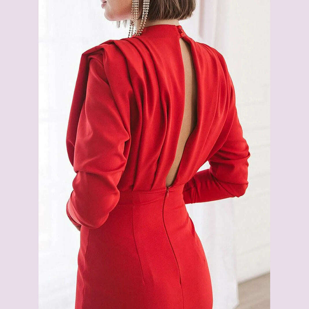 KIMLUD, Sexy Hollow Out Back Women Party Gown Fashion High Neck Long Sleeves Ruffles Evening Dress Elegant Split Female  Vestidos Robes, KIMLUD Womens Clothes