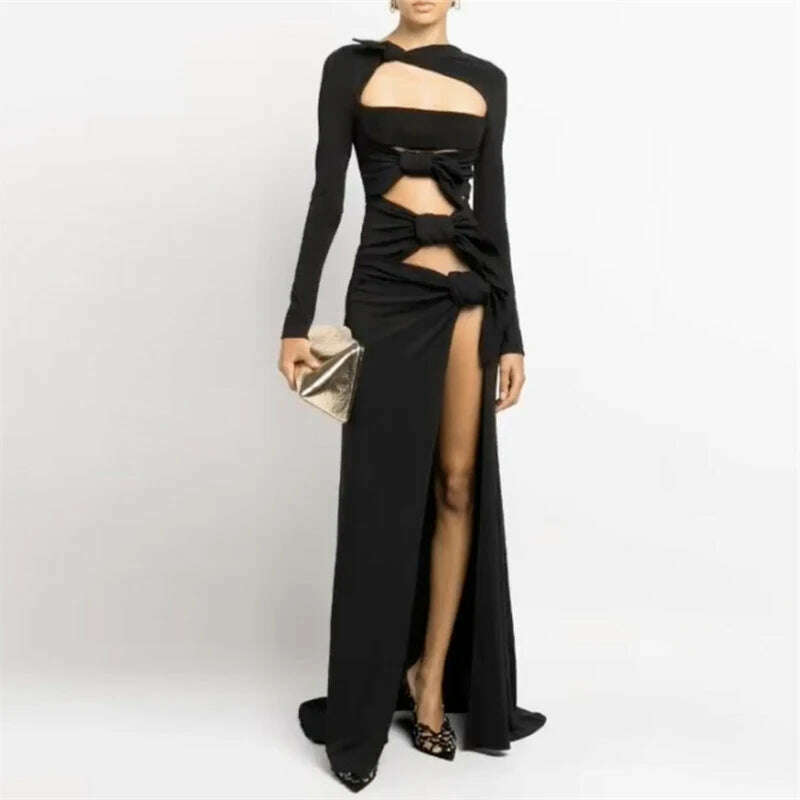 KIMLUD, Sexy Hollow Out Knotted Maxi Dress Women Long Sleeve High Slit Casual Elegant Party Robe 2023 Spring Fall Night Prom Clothes, KIMLUD Womens Clothes