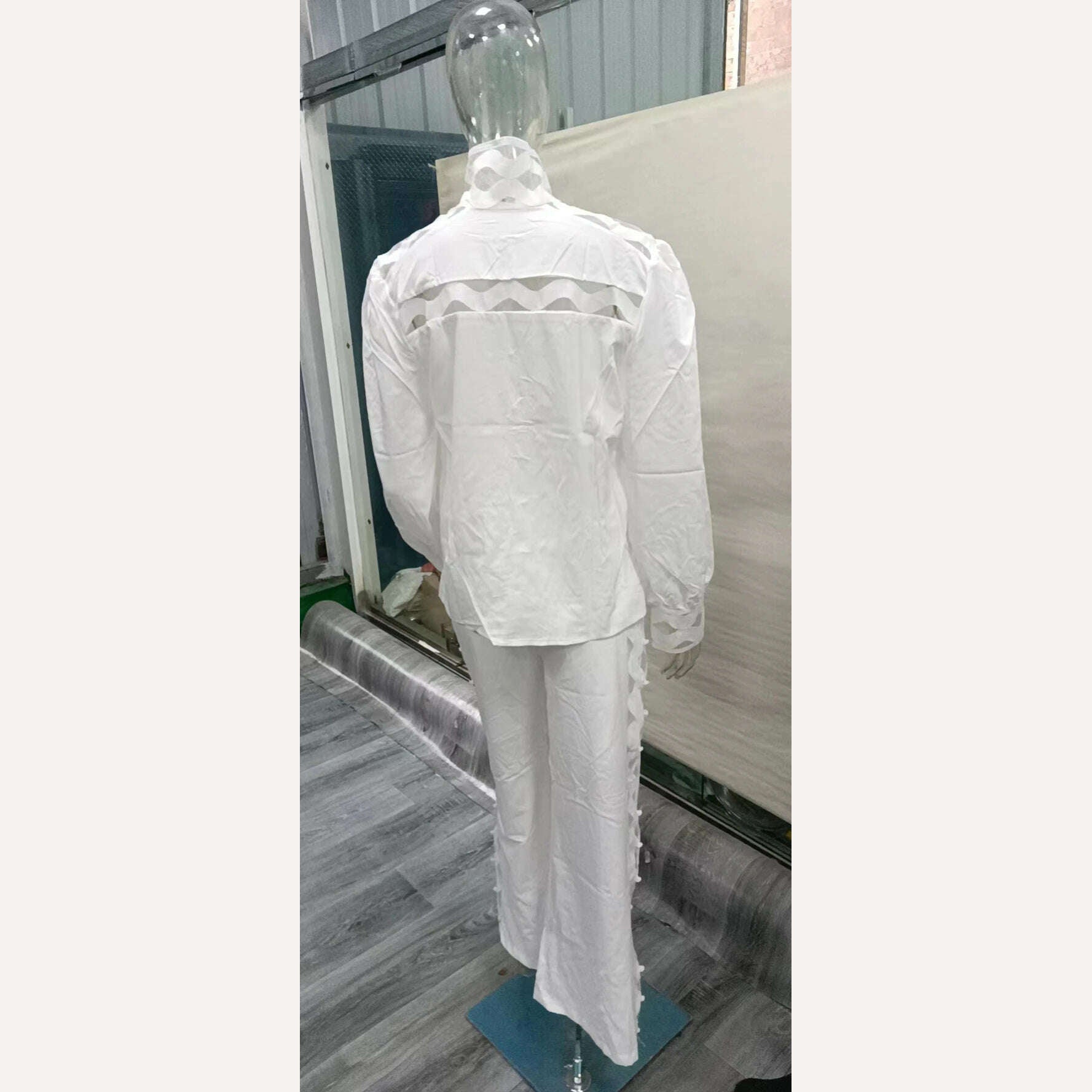Sexy Hollow Out Two Piece Pants Sets Women Autumn Clothing Stand Collar Lantern Sleeve Shirt Pants Suits Casual 2 Pieces Outfits - KIMLUD