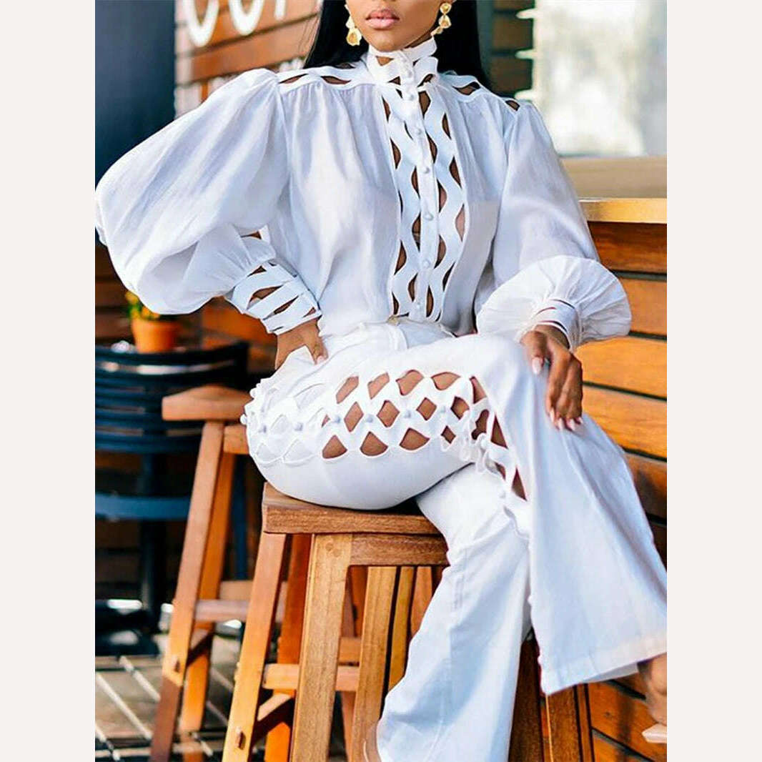 Sexy Hollow Out Two Piece Pants Sets Women Autumn Clothing Stand Collar Lantern Sleeve Shirt Pants Suits Casual 2 Pieces Outfits - KIMLUD