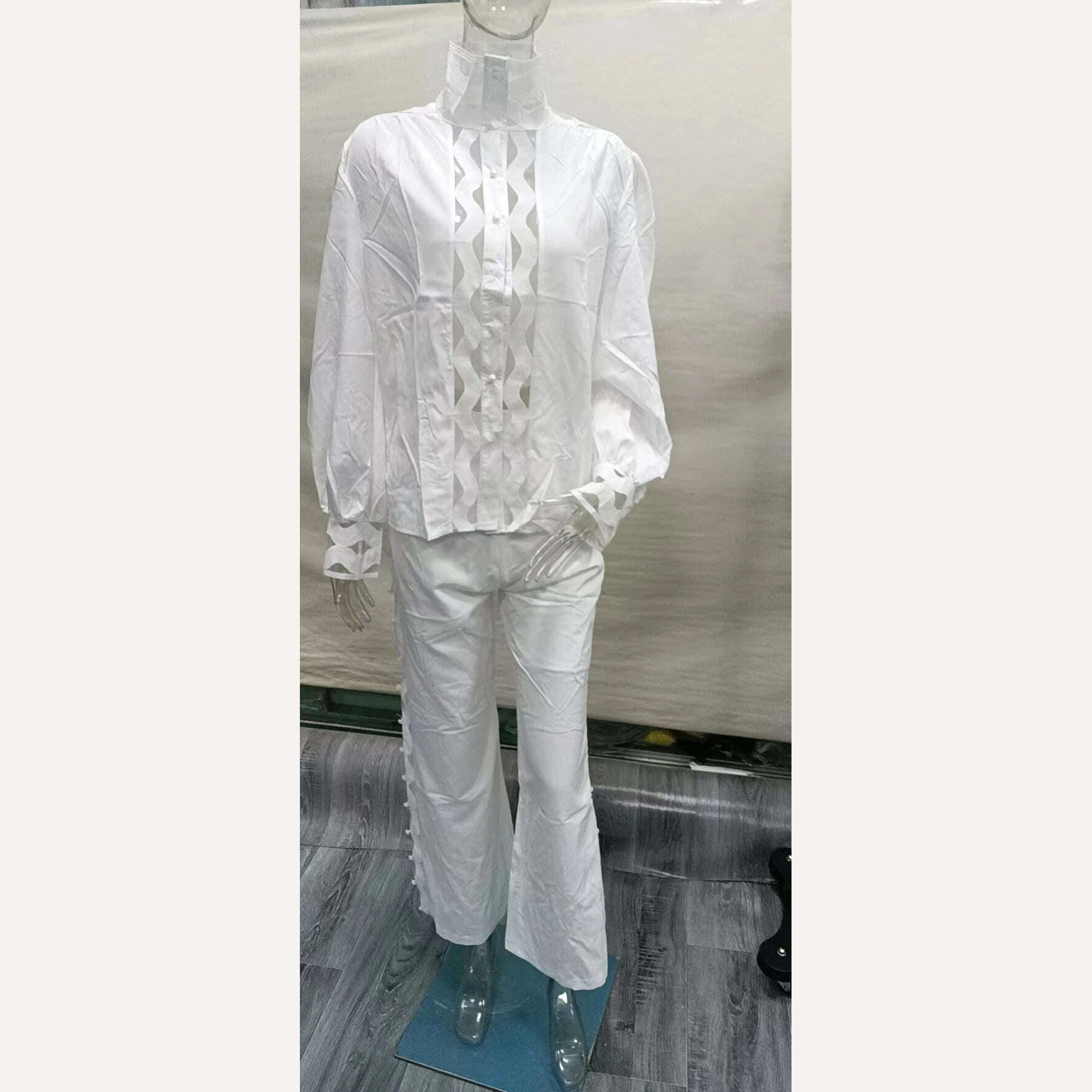 Sexy Hollow Out Two Piece Pants Sets Women Autumn Clothing Stand Collar Lantern Sleeve Shirt Pants Suits Casual 2 Pieces Outfits - KIMLUD