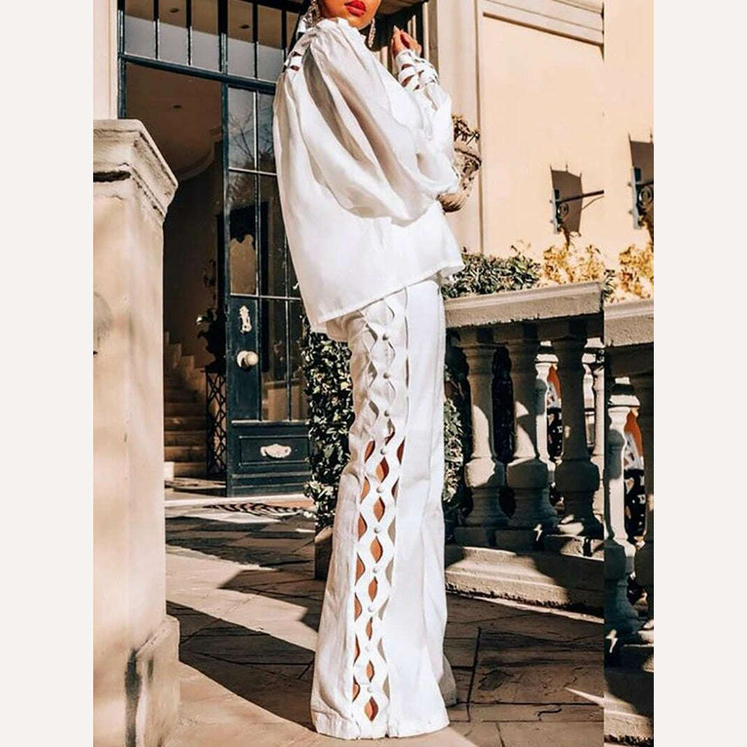 Sexy Hollow Out Two Piece Pants Sets Women Autumn Clothing Stand Collar Lantern Sleeve Shirt Pants Suits Casual 2 Pieces Outfits - KIMLUD
