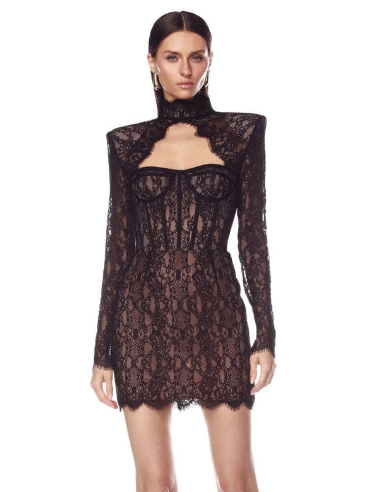 Sexy Long Sleeve High Neck Cut Out Lace Mini Dress Women Elegant Black Backless Bodycon Dresses Celebrity Evening Party Gowns