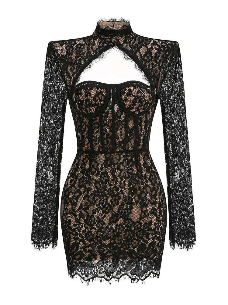 Sexy Long Sleeve High Neck Cut Out Lace Mini Dress Women Elegant Black Backless Bodycon Dresses Celebrity Evening Party Gowns