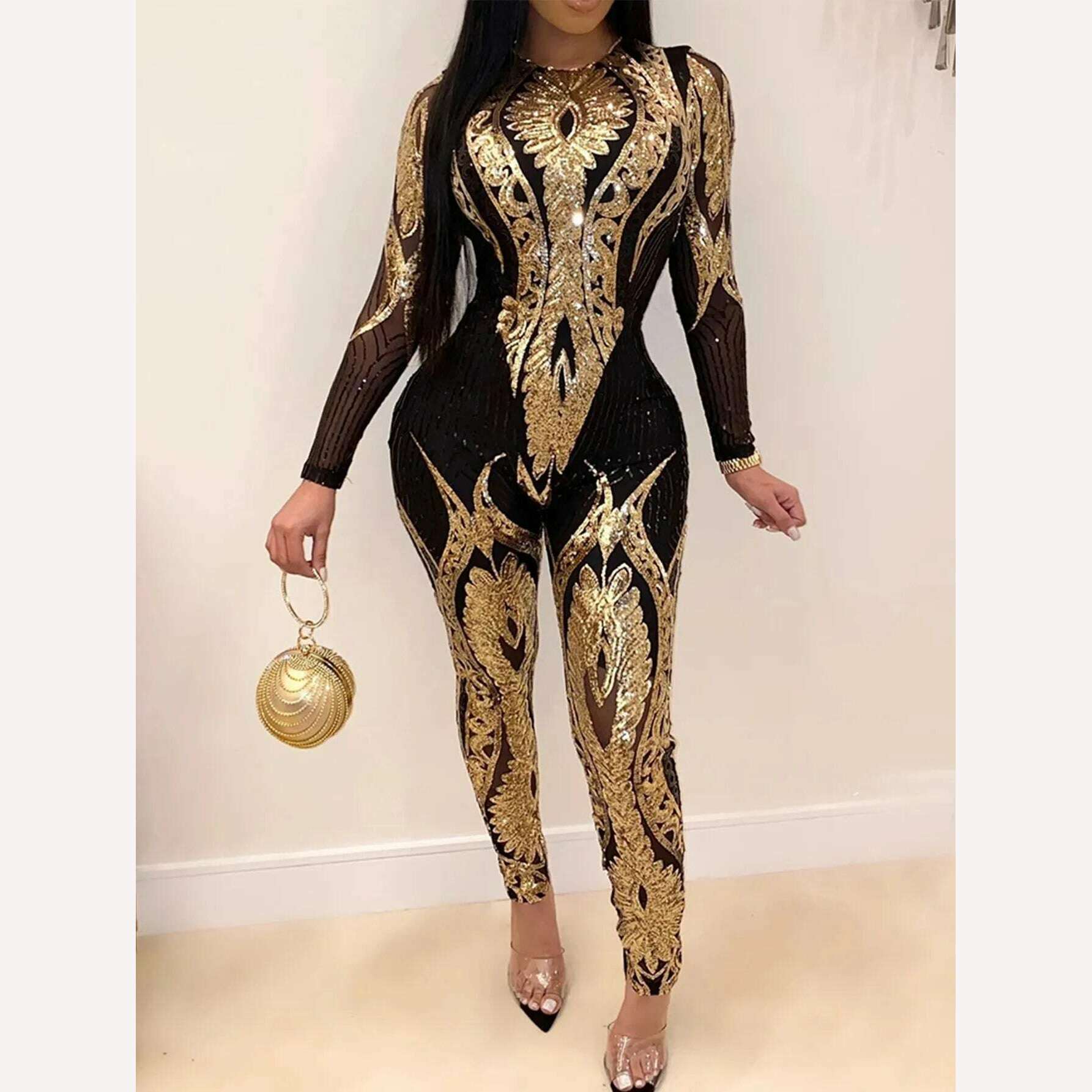 KIMLUD, Sexy Long sleeve Sequin bodycon jumpsuit women body bodysuit one piece birthday party nightclub outfits womens jumpsuits overall, Gold / S, KIMLUD Womens Clothes
